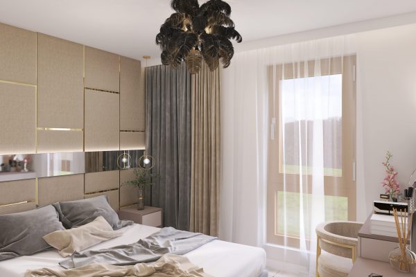 Sypialnia minterior luksusowy zaglowek lampa z piorami projektowanie 1 scaled
