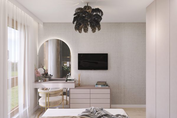 Sypialnia minterior luksusowy zaglowek lampa z piorami projektowanie 4 scaled