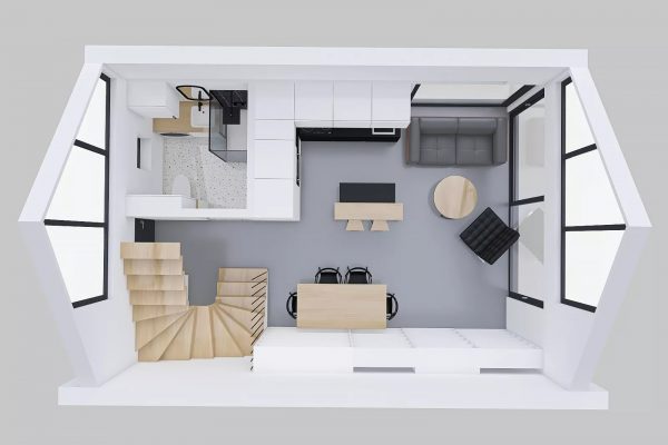 projekt wnetrza malego domku styl loftowy minterior brzut fotorealistyczny przekroj bryla domu projektowanie 1
