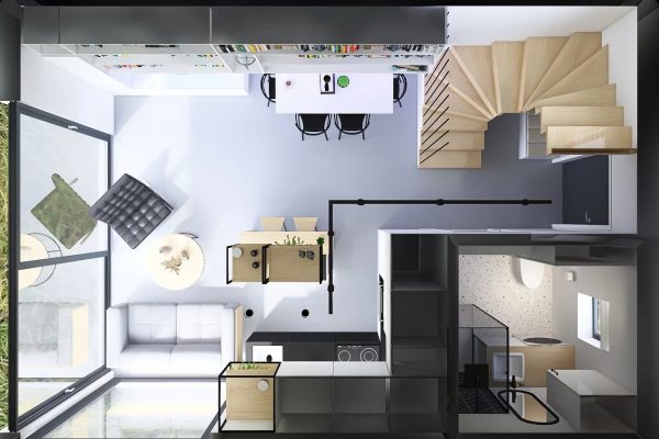 projekt wnetrza malego domku styl loftowy minterior brzut fotorealistyczny przekroj bryla domu projektowanie 2