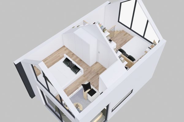 projekt wnetrza malego domku styl loftowy minterior brzut fotorealistyczny przekroj bryla domu projektowanie 3