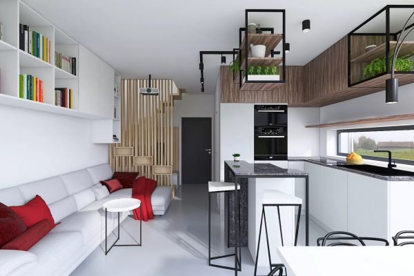 projekt wnetrza malego domku styl loftowy minterior salon z kuchnia 4
